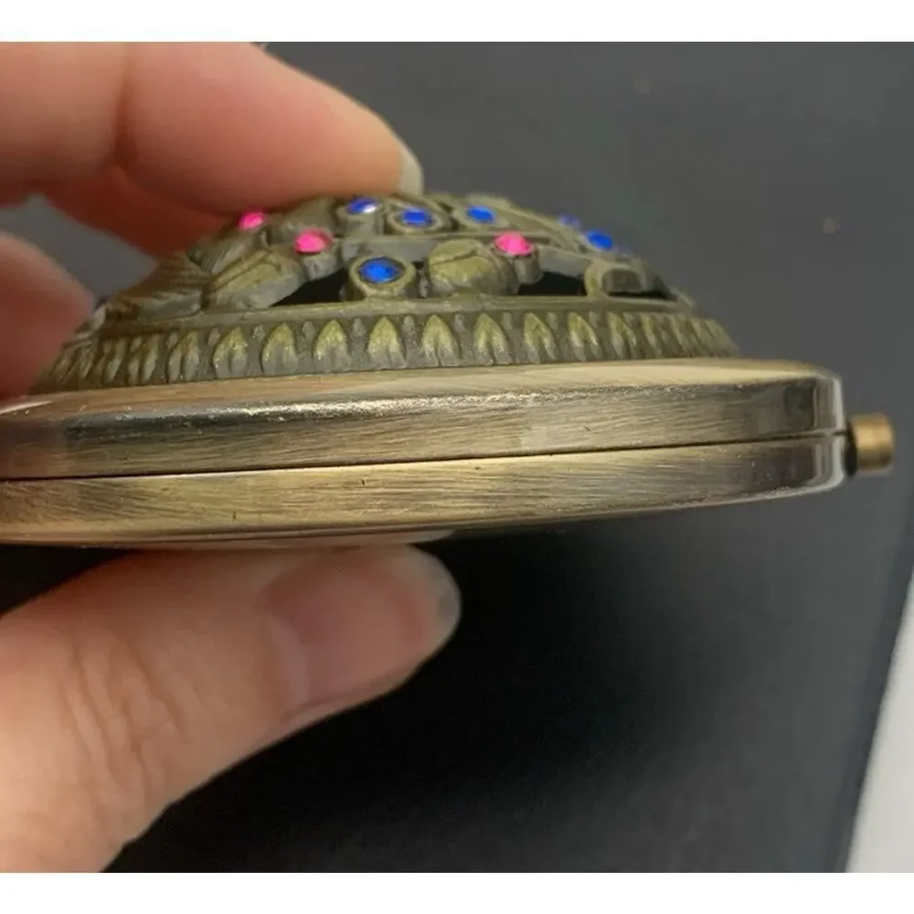 Dual Mirror Compact Floral Jeweled Brass Tone Iridescent Background Boho NWOT